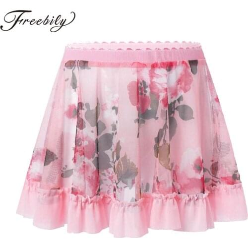 Girls Ballet Skirt Kids See-through Floral Print Mesh Gymnastics Dance Skirt Girl Dance Wear Party Masquerade Dance Costumes