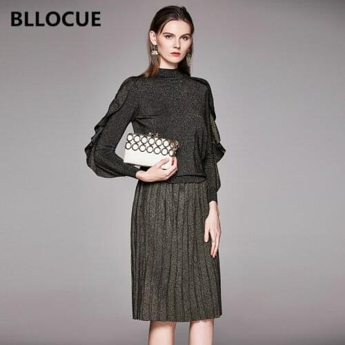 BLLOCUE Runway Knitted 2Piece Set Women 2019 Autumn Winter Ruffles Long Sleeve Pullover Tops+Pleated Bright Silk midi Skirt Suit