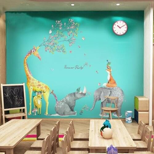 Large Animal Friends Wall Stickers Giraffe Elephant for Kids Room Decoration Aesthetic Childern Baby Nursery Wall Decals Poster