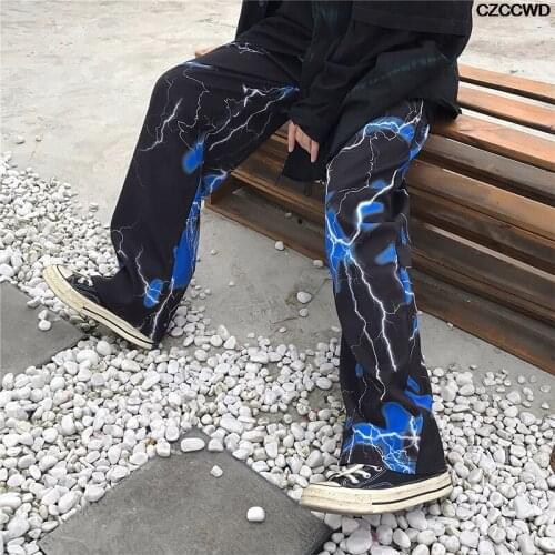 New Womens Pants Spring And Summer Traf Casual Loose Wide-leg Pants Harajuku Summer Pants Retro Lightning Print Pants For Woman