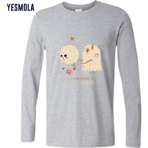 YESMOLA Men T-shirt Spooky Print Halloween Tshirt Autumn Long Sleeve 100% Cotton T-shirts Men Women Custom Tshirt