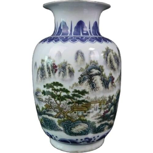 China old porcelain Painted blue and white flowers and colorful landscape pattern vase