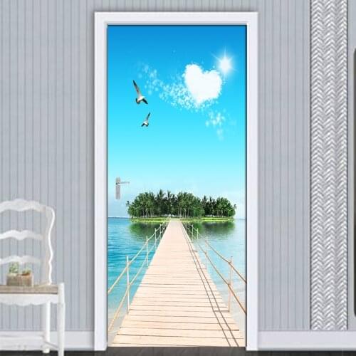 3D Interior Door Sticker Mural Wallpaper Waterproof Self-adhesive 3D Wooden Bridge Island Landscape Door Stickers Papel De Pared