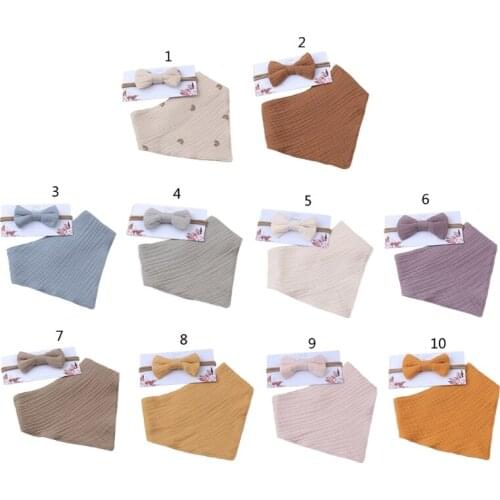 2021 New Cute Soft Baby Girls Elastic Bow Headband Saliva Towel Set Princess Bowknot Hair Band Bibs Feeding Burp Cloth Kit