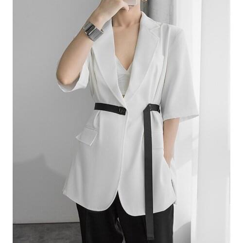 New Arrival Fashion Women OL Casual Professional Summer Korean Style Short-Sleeve Pocket Coat Belt Loose Thin Split Suit Jacket