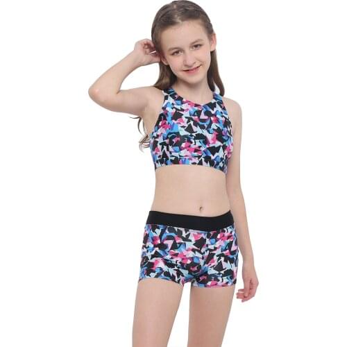 Kids Girls Gymnastics & Dancewear Outfit Digital Print Sleeveless Tanks Crop Top with Shorts for Workout Sports Tracksuits