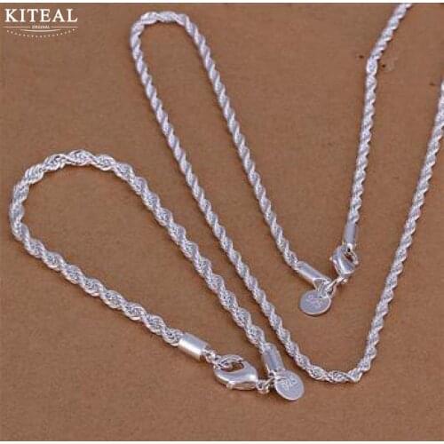 Kiteal wholesale silver jewelry sets 925 charms 4mm 2mm 16-24 inch necklace bracelet fashion Twisted rope Line chain