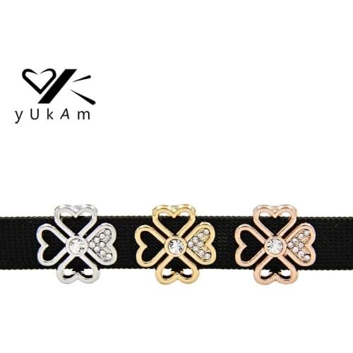 YUKAM Silver Color Crystal Hollow Heart Lucky Four Leaf Clover Slide Charms Keeper for Mesh Bracelets Accessories Jewelry Making