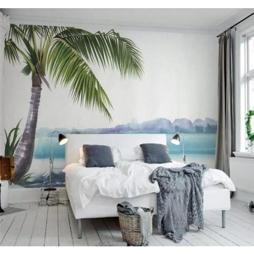 Custom 3D Wallpaper Watercolor Refreshing Blue Sea Coconut Tree Mediterranean TV Background Wall - Silk Waterproof Material