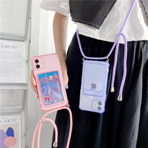 Shockproof Wallet Card Case For iPhone 12 Pro Max 11Pro Max XR XS Max 7 8 Plus X Lanyard Clear Soft TPU Back Cover Coque