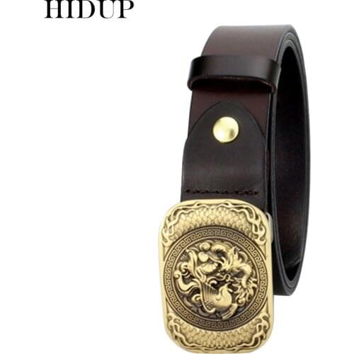 HIDUP Top Quality 100% Solid Cowhide Leather Belts Chinese Ifeng Pattern Gold Brass Buckle Belt Men Clothing Accessories NWWJ134