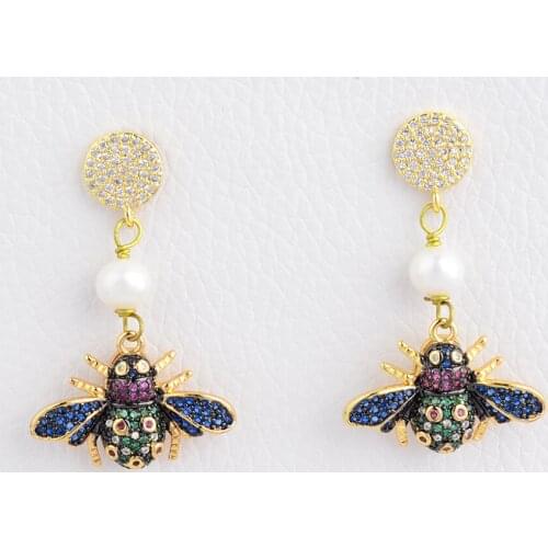 White Pearl Mixed Color Insect CZ Stud Earrings