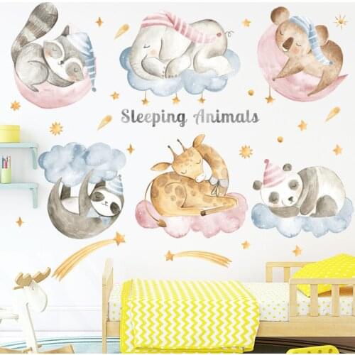 Sleeping Animals Wall Stickers for Kids Room Home Decor Cartoon Mural Elephant Giraffe Koala Wall Decals Sticker Room Wallpaper