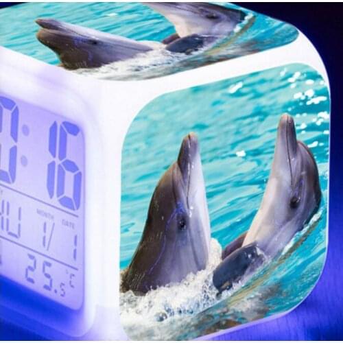 7 color glowing LED digital clock Cute Dolphin alarm clockbig screen luminous electronic watch for childrens birthday present