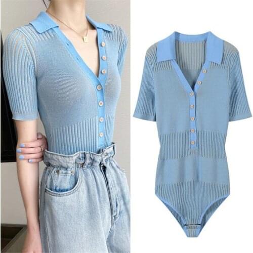 Recommend Top Quanlity Knitted Jumpsuits Women Knitted Bodysuits Short Sleeve Slim Fit Sexy Summer Spring