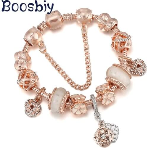 Rose Flower Pendant Charm Bracelets With Heart Beads DIY Brand Bracelet For Women Rose Gold Color Jewelry Gift New Arrival