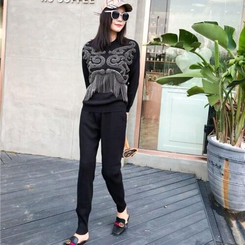 Autumn And Winter Beading and Rivet Tracksuit Women 2 Piece Set Loose Knit Sweater and Pants Two-Piece Suit