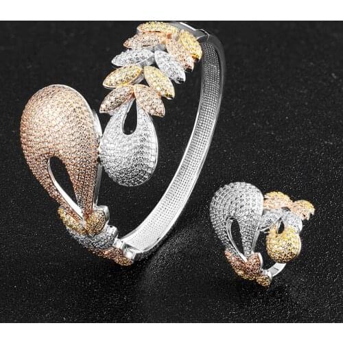 Zlxgirl High Quality Dubai Gold Color bracelet ring sets pefect AAA Cubic zircon copper Bangle&Bracelet ring womens bangle sets