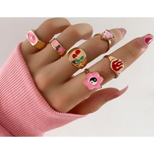 Aprilwell 6 Pcs Punk Tai Chi Rings for Women 2021 Trend Emo Aesthetic Gothic Flame Heart Crystal Kpop Anillos Fashion Jewelry