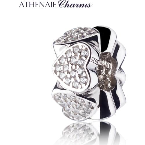 ATHENAIE Genuine 925 Silver with Pave Clear CZ Heart to Heart Spacer Silver Charms Bead Fit All European Bracelets Necklace Gift