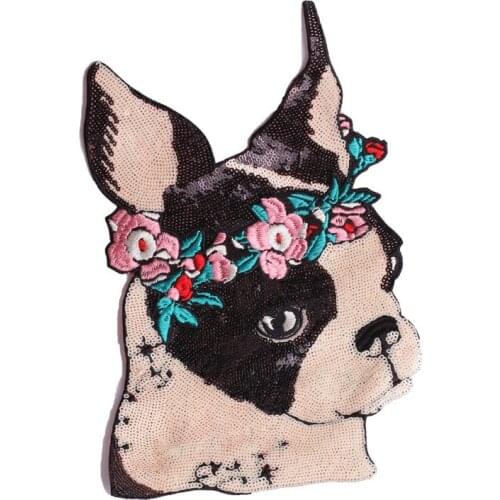 Pet Dog with Flowers Large Patch Beaded Applique Embroidery Flower Patches Sewing Patch Appliques Sequin Decorations for Clothes