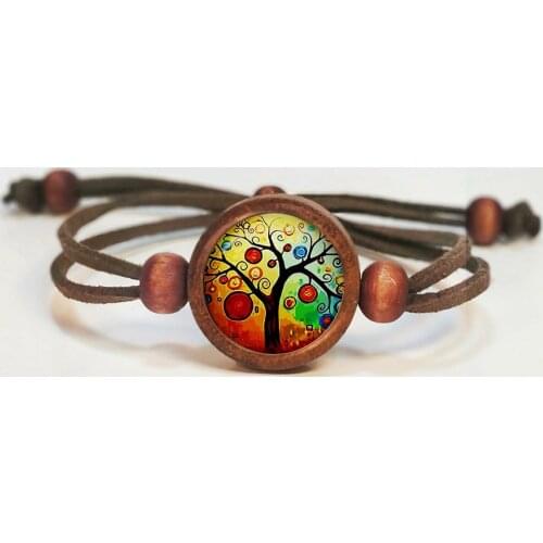 Nature Themed Handmade Wooden Bracelets Cute Jewelry Accessory For Women Tree Of Life Chakra Symbols Peaceful Green Refreshment