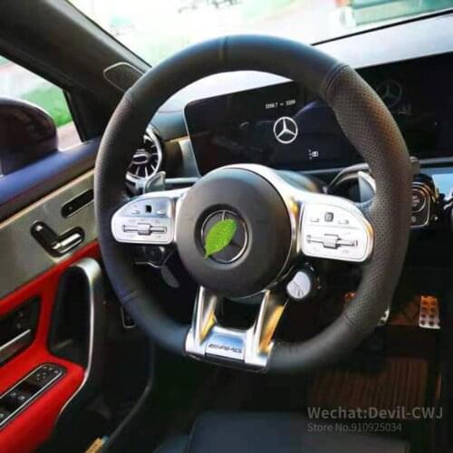 Black Leather &Perforated Leather Steering Wheel Cover Hand Sewing Wrap Cover For Mercedes-Benz A-Class AMG 2018-2019