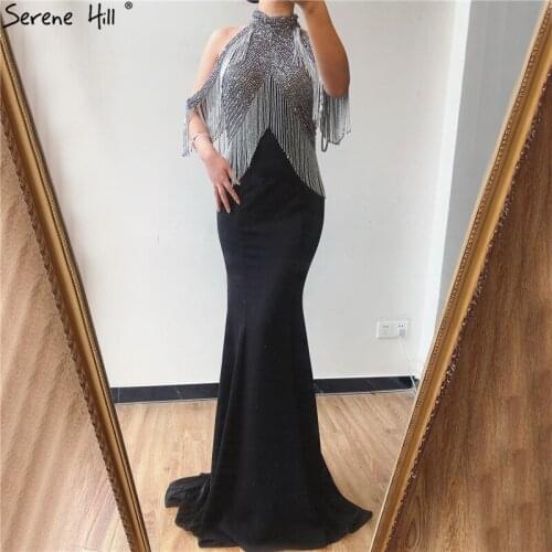 Black Sleeveless Sexy Jersey Evening Dresses 2020 Mermaid Beading Tassel Gown Formal Gown Serene Hill BLA70346