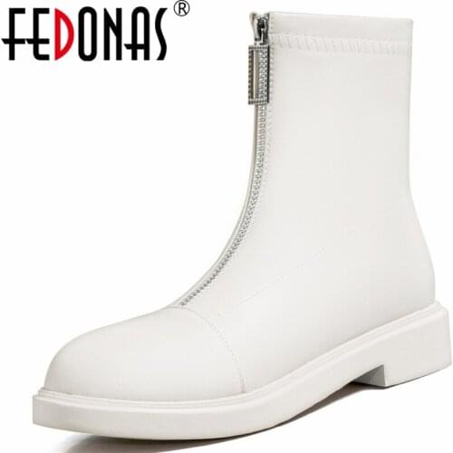 FEDONAS Autumn Winter Women Ankle Boots 2021 New Arrival Genuine Leather Low Heels Round Toe Shoes Woman Concise Front Zipper