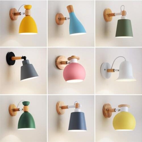 Wooden wall lights bedside wall lamp wall sconce modern wall light for bedroom Nordic macaroon 6 color steering head E27 85-285V