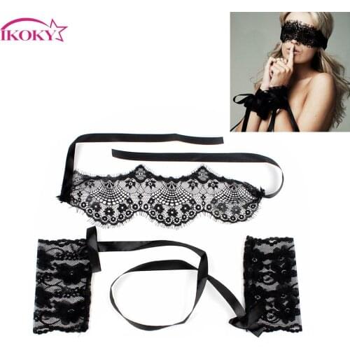 IKOKY Exotic Sexy Lace Mask With Handcuffs Adult Games Sex Toys for Couples Black Bondage Blindfold Sets 1 Set Women