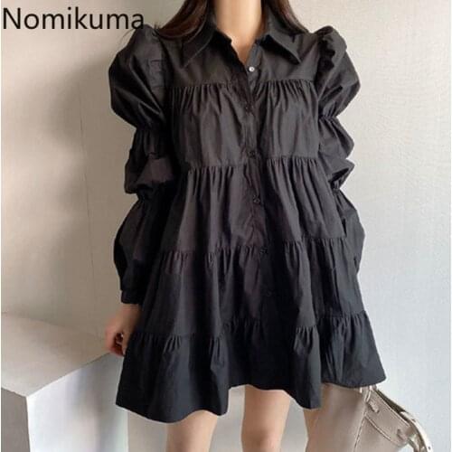 Nomikuma Korea Chic Blouse Dresses Pleated Puff Sleeve Turn-down Collar Women Dress 2021 Spring New Sweet Vestido De Mujer 6F792