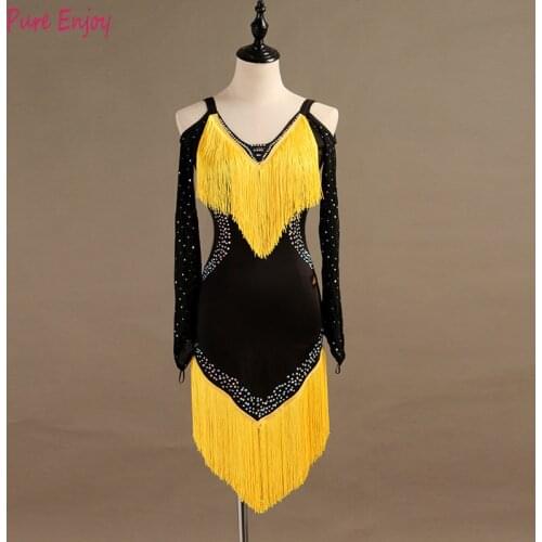 Latin Dance Costume yellow Fringe Rhinestones Latin Dance Dress For Women Latin Dance Competition long sleeves Dresses