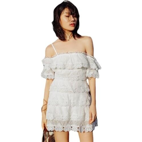 Summer Ruffled Cream Dress Lace White Fairy Strapless A One-Line Shoulder Sexy Strapless Mini Pullover Lace Embroidery Vestidos