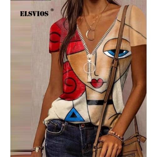 Fashion Elegant Zipper V Neck Girls Printed T-shirt Casual Short Sleeves Summer Women Slim Party Top Streetwear New Lady T-shirt