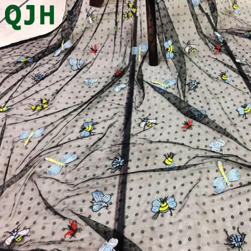 Fashion 5 yards little bees embroidery lace fabric Popular style for dress Beautiful African net tulle DIY Embroidered Fabrics