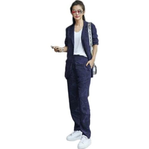 Fashion pants suit womens New high-quality women star with the same temperament casual royal blue blazer + pant two-piece suit
