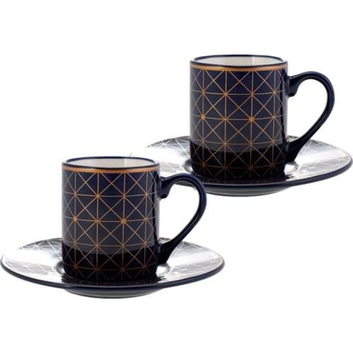 Jumbo Geometrical Porcelain Turkish Coffee Cups Boxed Set with 2 Cups and 2 Saucers Mugs Tea Coffeeware Glass Drinkware