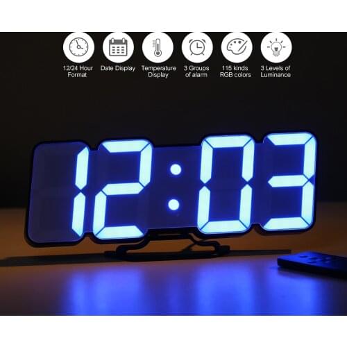 Wall Desktop Clock 3D Wireless Remote Digital RGB LED Alarm Clock USB Powered 115 Color 3-Level Brightness Sound Control