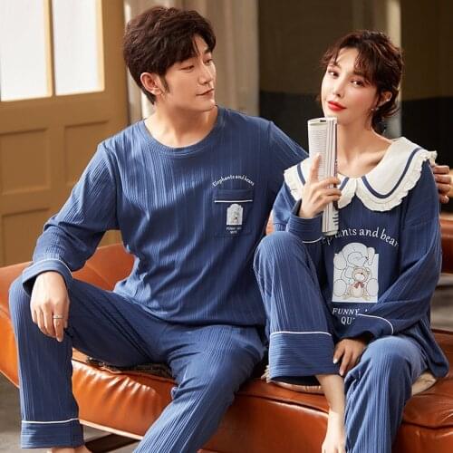 New Pajamas Mens and Womens Matching Sleepwear Cotton Long Sleeves Pants Pullover Cartoon Printing His and Her Pijamas Nightwear