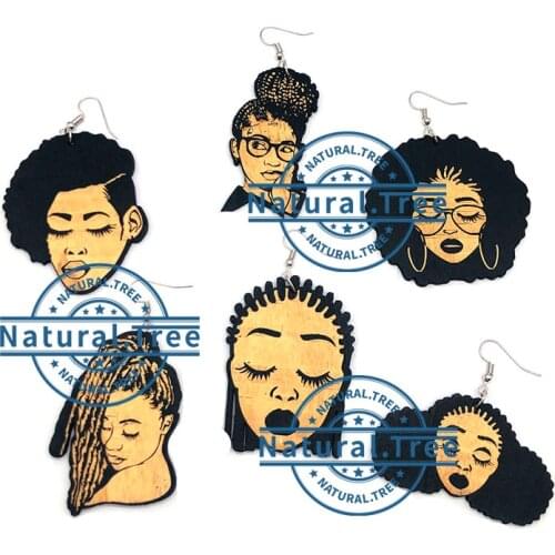 Newest Black Woman Braids Afro African American Queen Wooden Earrings