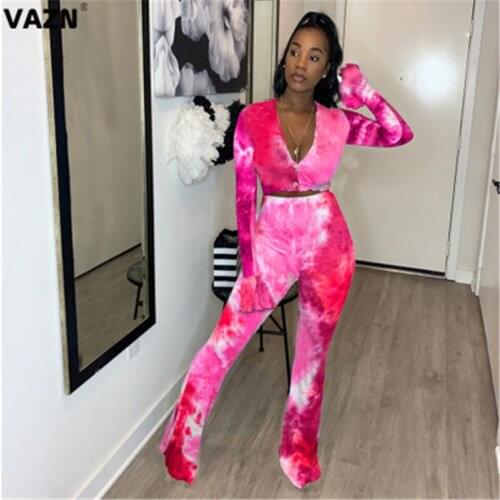 VAZN 2020 Autumn New Arrival Elastic Sweet Sexy Club Young V-Neck Full Sleeve Group Flare Long Pants Slim Women 2 Piece Set