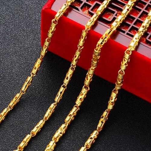 Luxury 24K Yellow Gold Necklace 4mm 3mm Hollow Cylinder Mens Necklace 50cm 45cm Neck Chain Birthday Fine Jewelry Gift