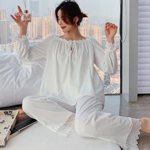 Long Sleeve Sleepwear Womens Pajamas Sleep Suit Lace Summer Shirt&Pants Pjs Set Casual Nightwear Intimate Lingerie Pijamas