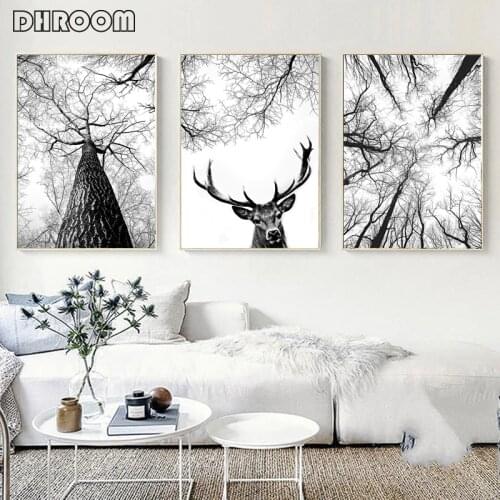 Scandinavian Tree Print Hunting Posters Deer Antlers Wall Art Woodland Tree Minimalist Canvas Painting Home Room Decoration