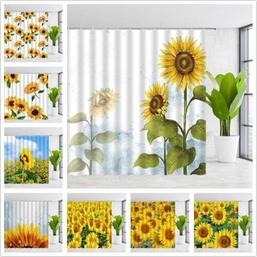 QWRSMYX Shower Curtains Summer Sunflower Yellow Floral Plant Scenery Bathroom Decor Waterproof Cloth Curtain Set With Hooks