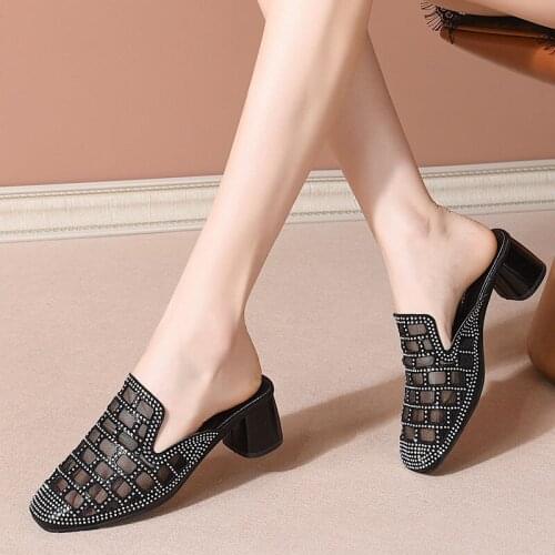 Mesh Rhinestone Slippers Woman Outerwear Slides Women Summer Heels Shoes Block Heel Footwear Europea Style for Female Gold Black