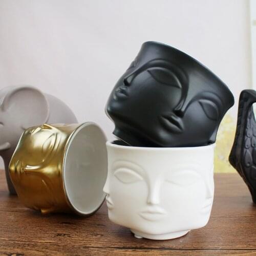 Nordic Face Shape Designs Ceramic Vase Porcelain Flower Pot Home Decoration Planters Golden Black White Sundries Storage