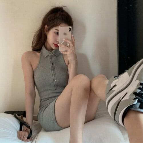 Sleeveless Front Buttons Halter Knit Dress Sexy Off Shoulder Fashion Basic Model Package Hip Short Dresses