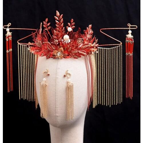 Vintage Bride Headdress Chinese Wedding Tassels Hairpin Phoenix Crown Costume Hair Accessories Wedding for brides